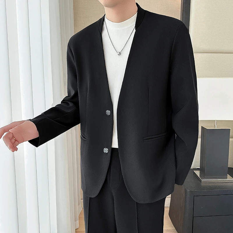 Men Casual Suit Jacket Autumn Solid Color No Collar Blazer High Quality New Back Embroidery Men's Outerwear