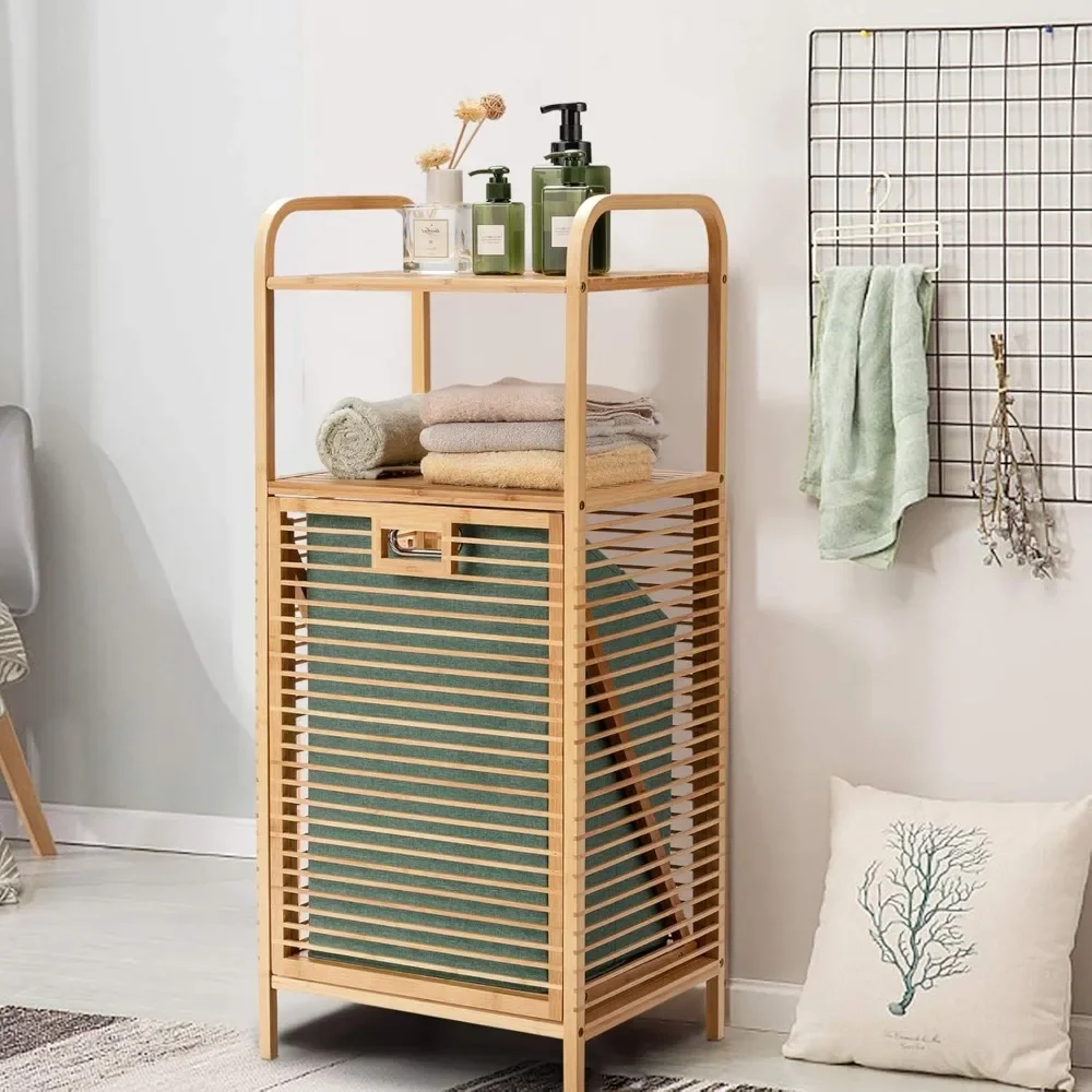 Laundry Hamper Tilt-Out Laundry Linen Hamper Bamboo Freestanding Clothes Basket W/Shelf & Removable Liner