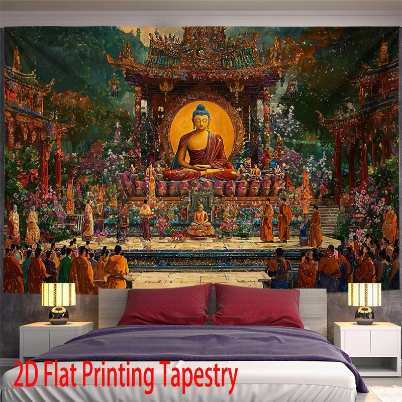 VIKAMA Zen-Wandteppich mit Buddha-Dharma-Lehre, großartige Szene, chinesischer Tempel, Zen-Wandbild für Wohnzimmer und Wanddekoration