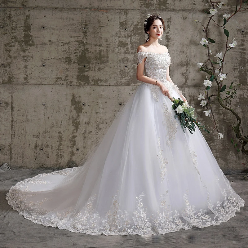 

White Ball Gown Women Wedding Dresses Off Shoulder Appliques Court Train Bridal Gowns Vestido De Noiva robe de mariée