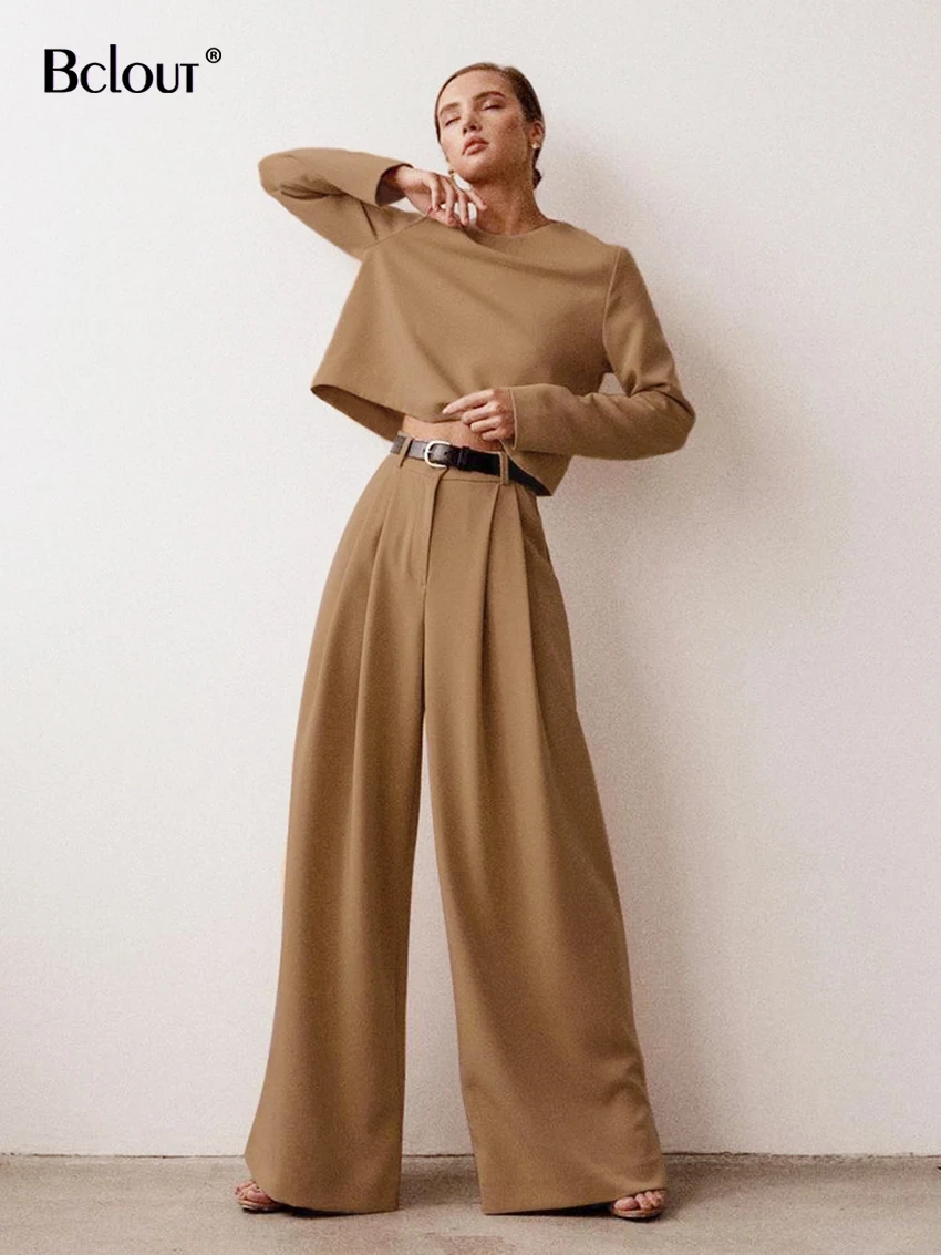 Bclout Elegant Khaki Pants Women Two Piece Outfits 2022 Autumn O-Neck Long Sleeve Tops Office Loose Pleated Wide Leg Pants Suits