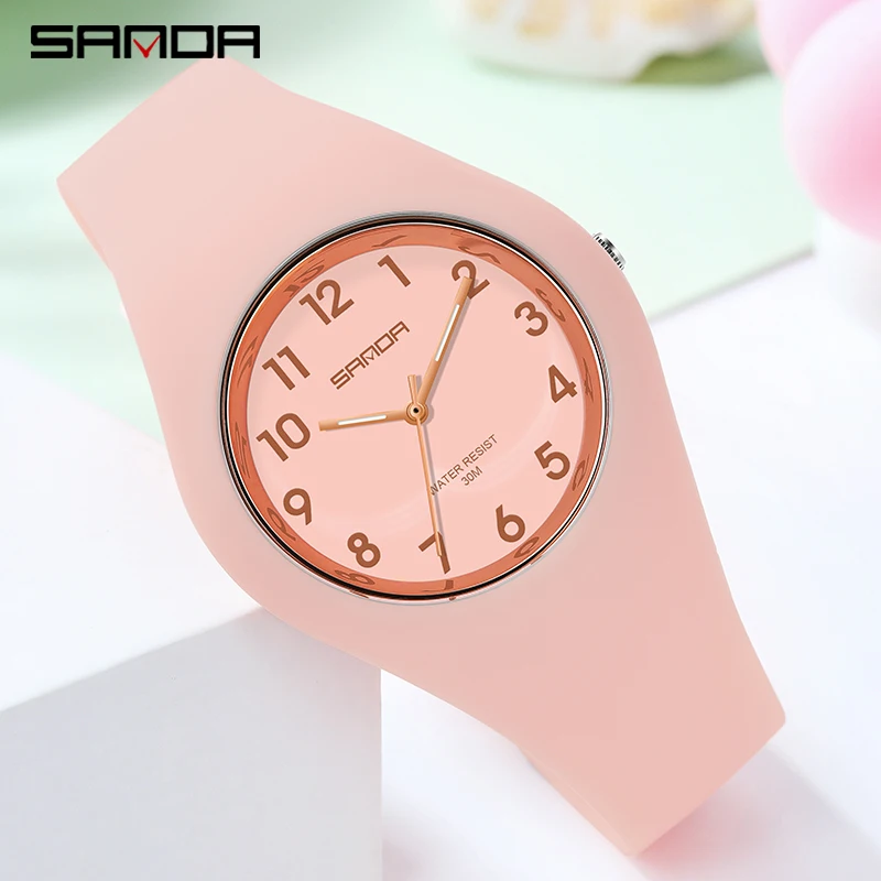 

SANDA 2023 New Fashion Simple Women Quartz Watch Arabic Numeral Scale Women Casual Clock 30M Waterproof Silicone Watches 6056