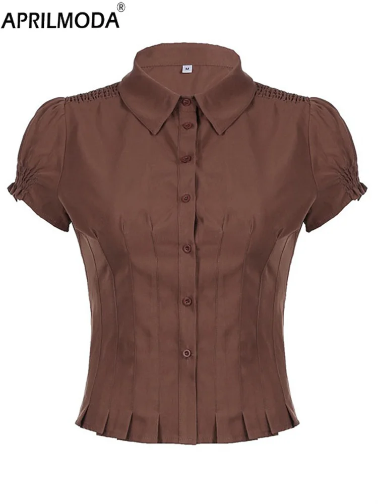 2025 Solid Hot Girl Vintage Harajuku Retro Y2K Damesshirt Korte mouw Button-Down Goth Punk Rock Esthetische Hottie Blouse jaren 90