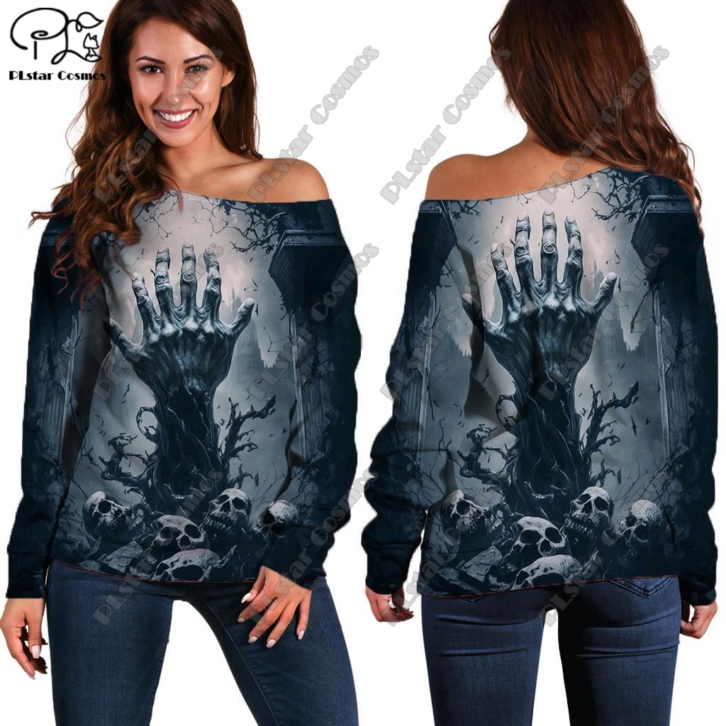 PLstar Cosmos 3D Printed Moonlight Grim Reaper Raven Pattern Off-Shoulder T-Shirt Women's Casual skull Horror Theme Collection 2