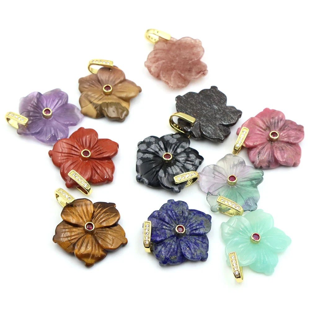 28mm Natural Stone 5-Petal Flower Pendant with Red Zircon Handmade DIY Jewelry Making Supplies for Necklace Elegant Charm Crafts