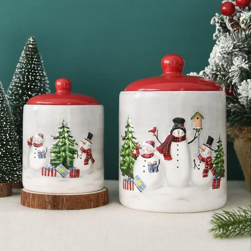 Christmas Snowman Porcelain Jar Creative Large Round Sealed Food Container Ceramic Snack Cookies Storage Kitchen Tools for Gifts