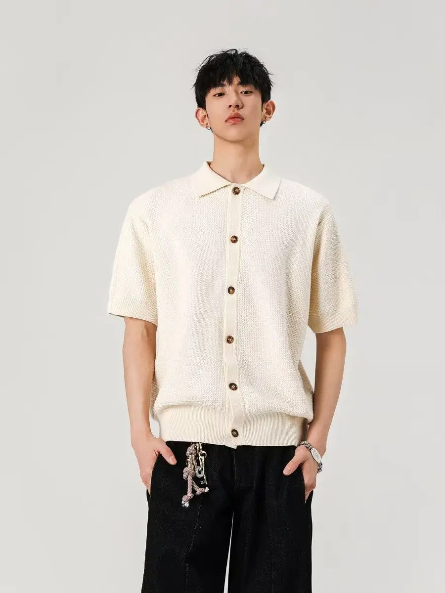 

Вязаная рубашка Cool Sensation, повседневная, свободного кроя, с коротким рукавом, воротник на пяти пуговицах, летняя, универсальная, однотонная.