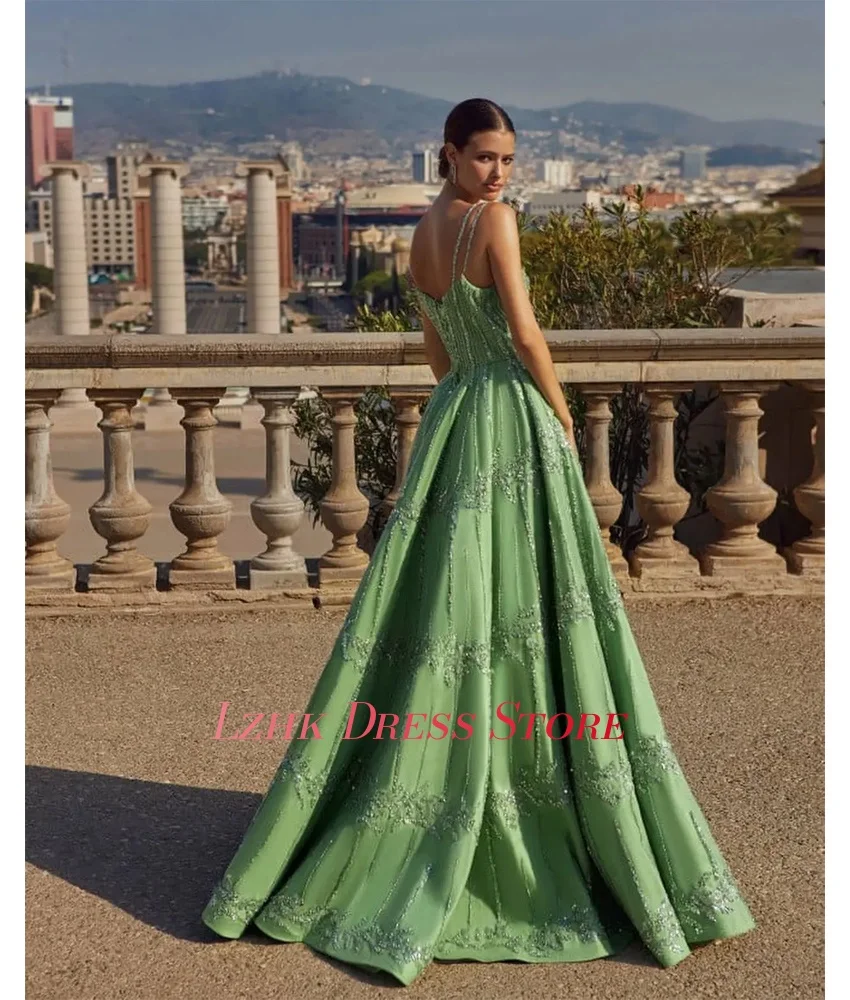 Vestido de noche de satén con tirantes finos y cuentas de cristal de lujo personalizado, vestido de noche sin mangas de alta calidad