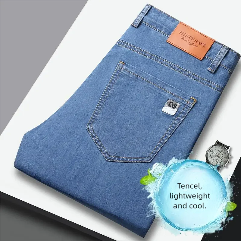Summer Ultra-thin Men's Jeans Lyocell Soft Breathable Loose Straight Light Blue Denim Pants Business Casual Ice Silk Trousers