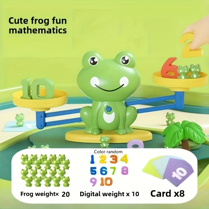 Frog balance math toy - green plastic, interactive weight stacking and counting game, suitable for young people