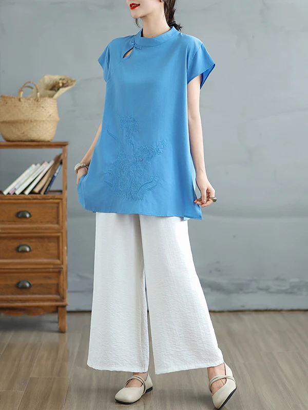 Conjunto de Lino y Aodón a la Moda con Csa Bordada de Cuello Alto con Botones y Plones Anchos de Pierna, Conjunto de...