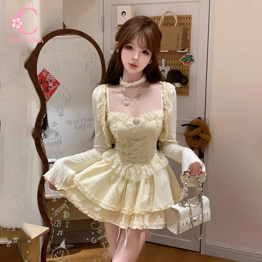 Ensemble Robe Camisole Sweet Lolita pour Femme, avec Dentelle, Manches Bouffantes, Corset Taille Haute, Mini-Robe à Volants Superposés, Tenue Kawaii pour Tea Party