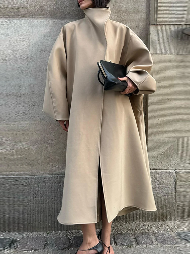 Elegant Faux Suede Women Long Coat Stand Collar Bat Sleeve Solid Color Oversize Outerwear 2026 Fall Winter Female Street Jacket