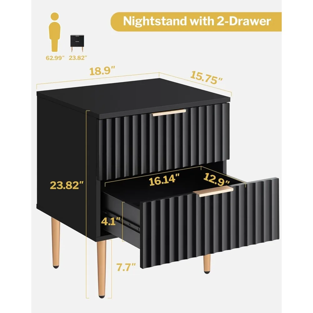 Wide Fluted Nightstand with 2 Drawers, Modern Glossy Storage Bedside Table for Bedroom,