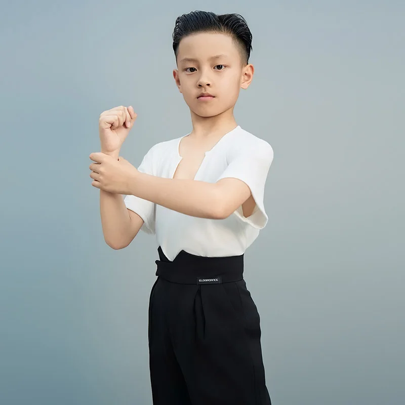 Latin Dancewear Top Boys Black Loose Short Sleeve Tops Pants Set Rumba Cha Cha Performance Wear White Training Clothes VDL3606
