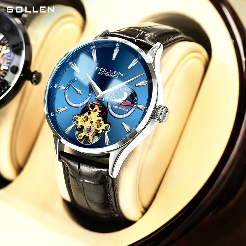 

SOLLEN Brand High-end Tourbillon Mechanical Watches Leather Waterproof Fashion Blue Dial Luxury Automatic Moon Mhase Wristwatch