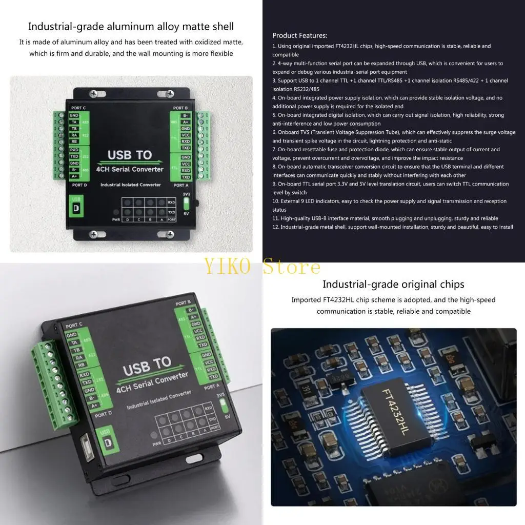 

K32C Преобразователь USB в RS232/485/422/TTL, промышленный, изолированный, с микросхемой FT4232HL