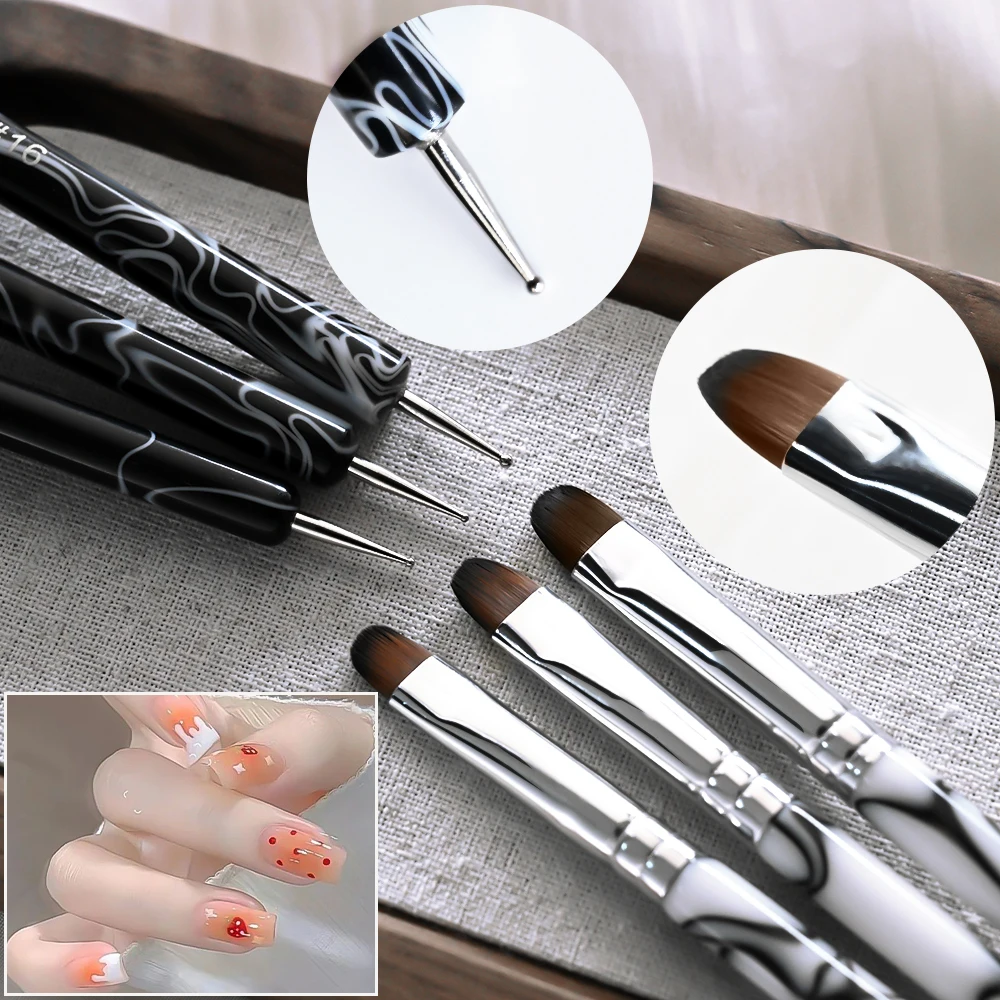 3 teile/satz Marmor Griff Dual Kopf Pinsel Nagel Punktierung Stift Zeichnung Strass Malerei Werkzeuge DIY Maniküre Zubehör UV Gel Werkzeug