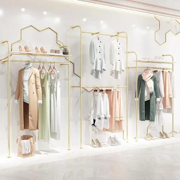 

Clothing store display shelf floor standing women's clothing store shelf against the wall double coat hanger