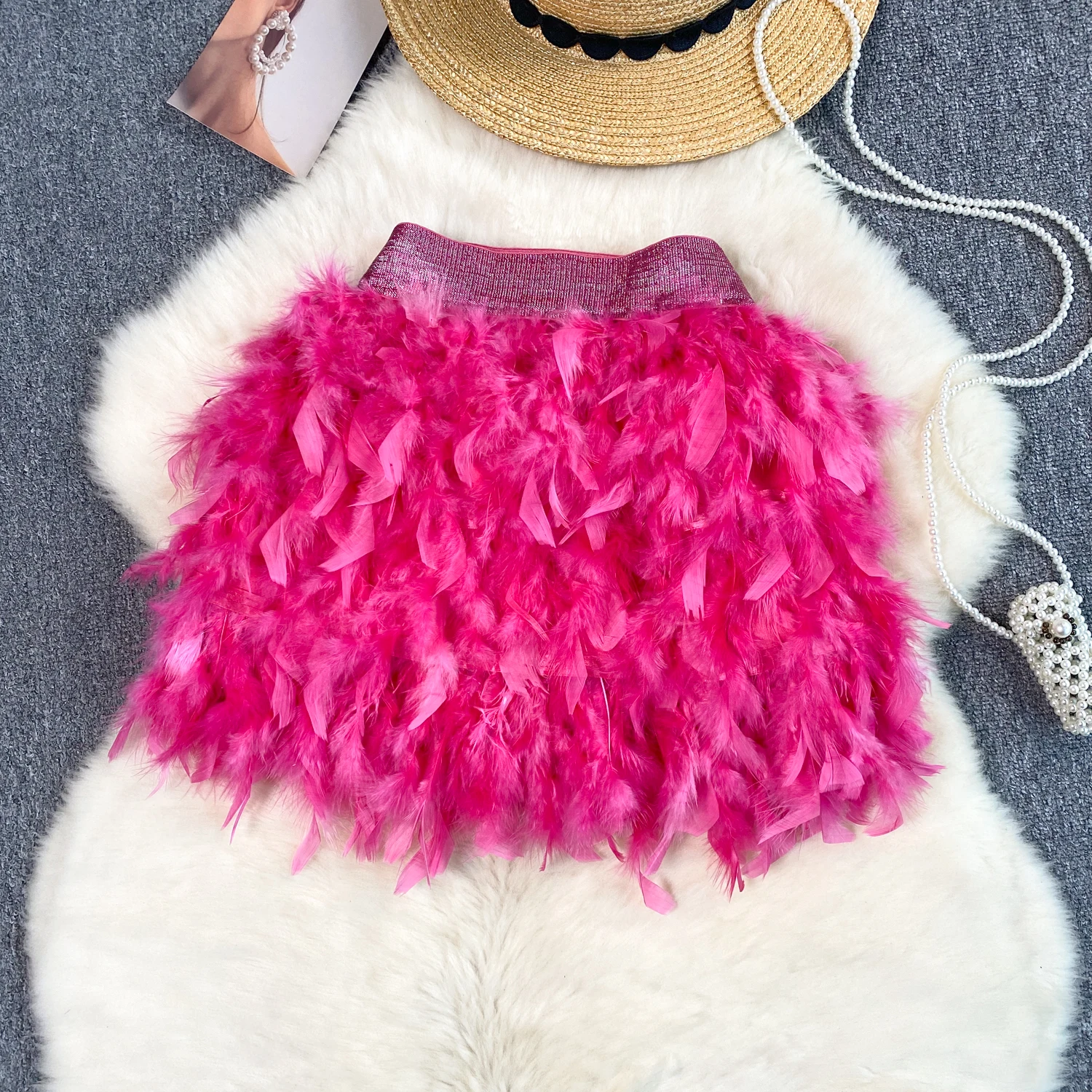 Senior Birthday Party Skirt High Quality Elastic Waist Skirt Fairy Style Sweet Feather Splicing Ball Gown Skirt  Party Supplies