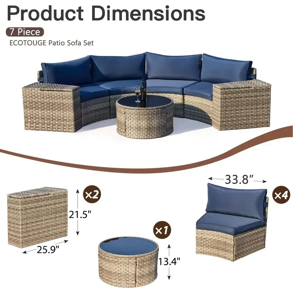 8-Piece Curved Patio Furniture Set with Fire Pit, Wicker Rattan Sectional Sofa, Outdoor Garden Conversation Area (Blue, White)