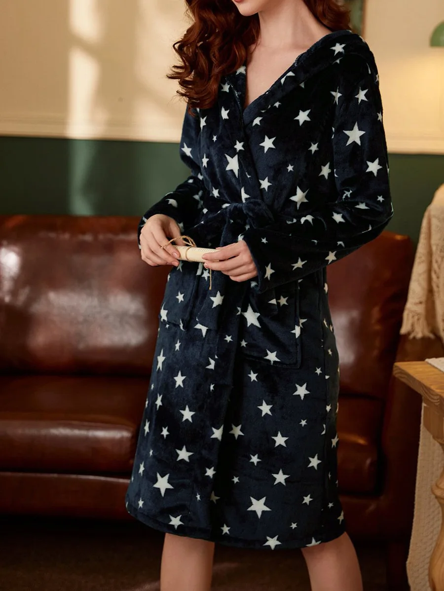 Star Printed Robe Autumn Winter Flannel Nightgowns Fashion Hooded Bathrobe Kimono Gown Intimate Lingerie Chemise Nightdress