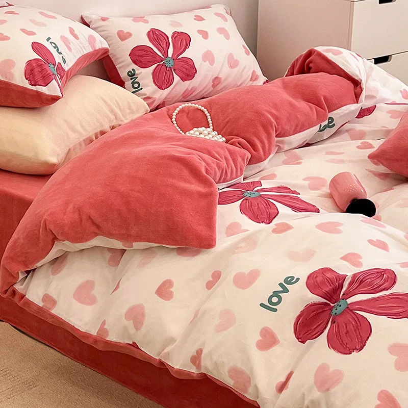 

Winter Thickened Coral Fleece Bed Set of Four Pieces A All Cotton B Milk Fleece Double Sided Duvet Cover Flannel Bed Sheet