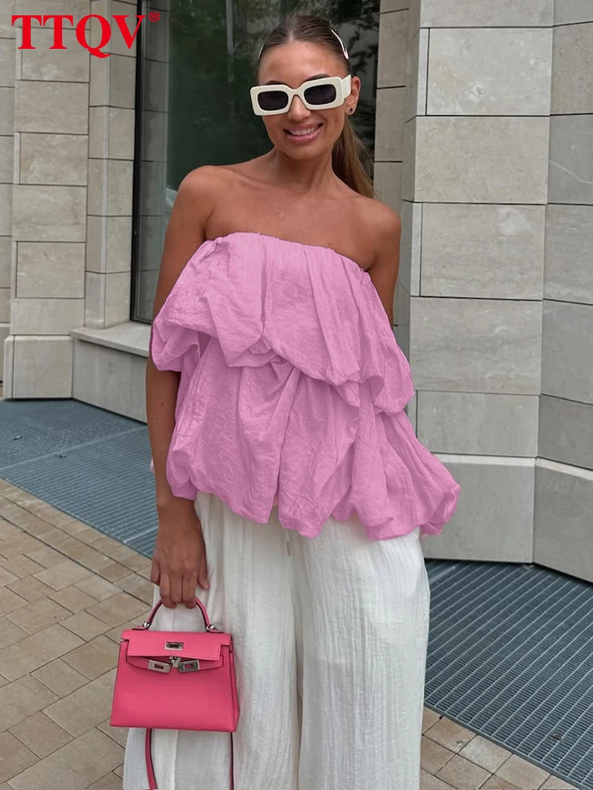 

TTQV Summer Loose White Women's Tank Top 2026 Sexy Strapless Sleeveless Lady Top Elegant Classic Pleated Tops Female Clothing