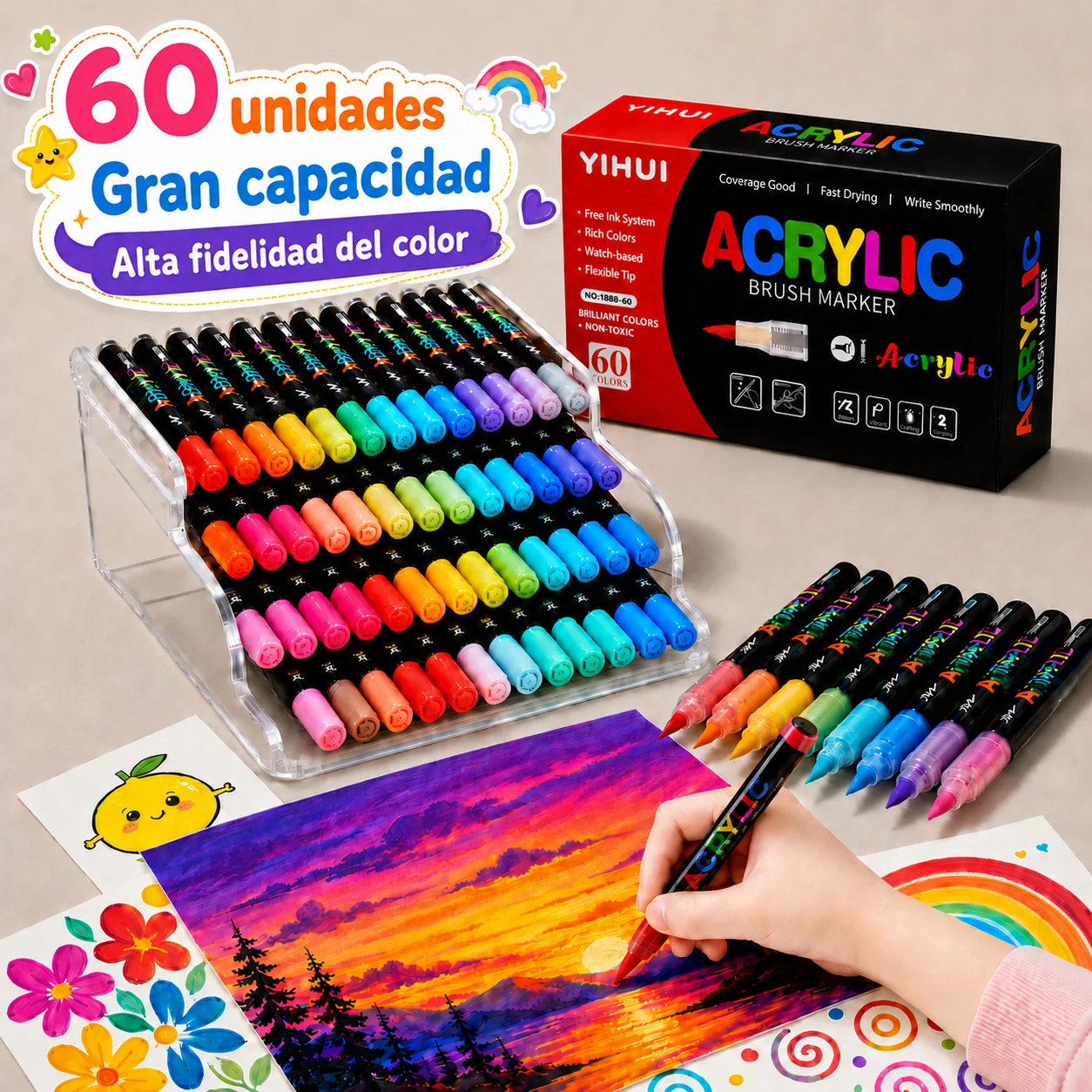 Marcadores de pintura acrílica de 12/24/36/48/60 colores con punta de pincel para pintar sobre roca, madera, piedra, vidrio, regalo, manualidades DIY