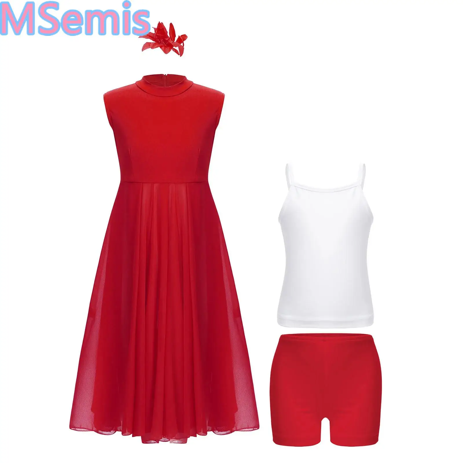 Kids Girls Modern Dance Outfit Stage Performance Costume Solid Color Dress with Camisole Shorts Scarf And Flower Headwear