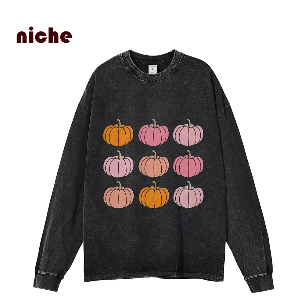 

Casual Loose Crew Neck Sweater Pullover Halloween Style Cute Pumpkin Print Pure Cotton Washed High Quality New Long Sleeves