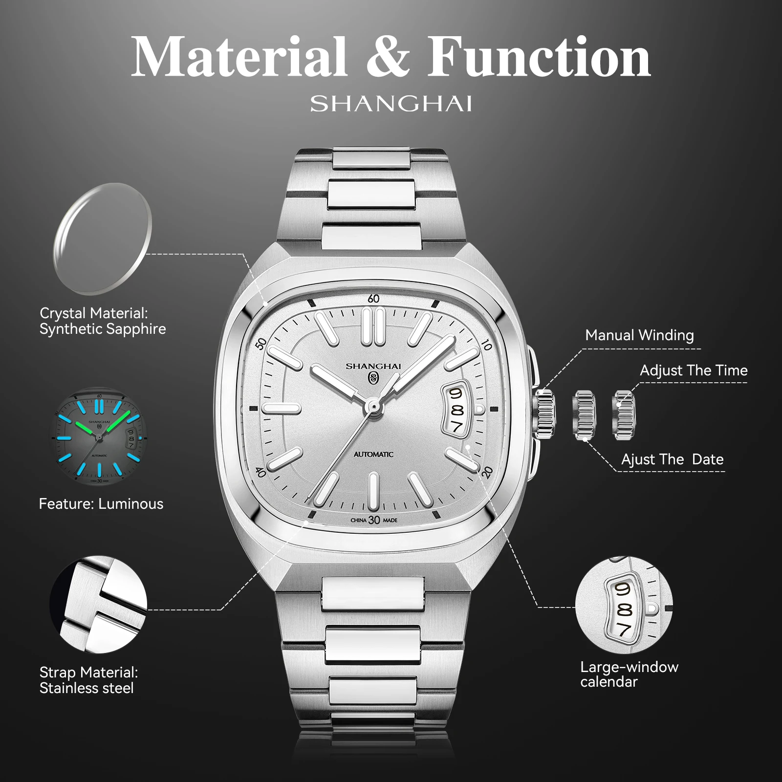 SHANGHAI Watch Vintage Square Automatic Men's Watches 39mm Date Mechanical Wristwatch 316L Stainless Steel Reloj Elegant SH018