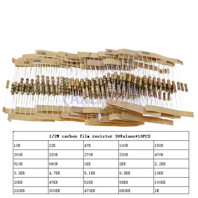 300PCS 1/2W 5% Carbon Film Resistor Kit 1 Ohm ~ 3M Color Ring Resistance Assortment 30 Values Set of 0.5W Resistors