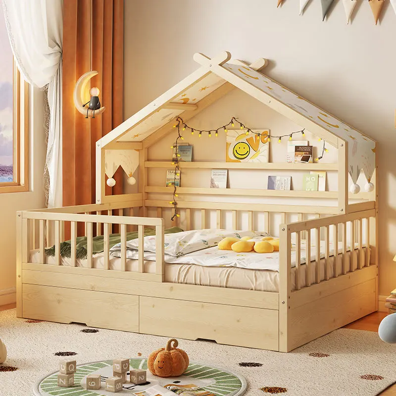 Letto da principessa per ragazza Be D per bambini in legno massello completo piccolo con rimorchio guardrail per uso domestico letto singolo per bambini casa sull'albero per ragazzi Be D