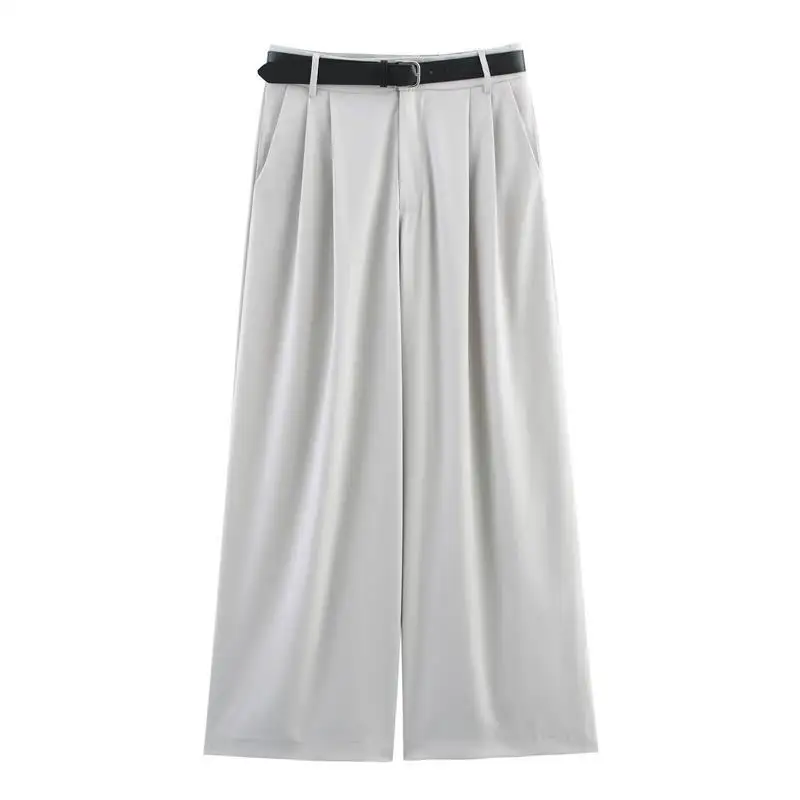 ชุดสูทสีพื้นสำหรับผู้หญิง ฤดูใบไม้ผลิ/ฤดูร้อน เสื้อแจ็คเก็ตและกางเกงจีบสองชั้น สไตล์ลำลองแบบยุโรป ผ้า PVC เอวกลาง-ต่ำ