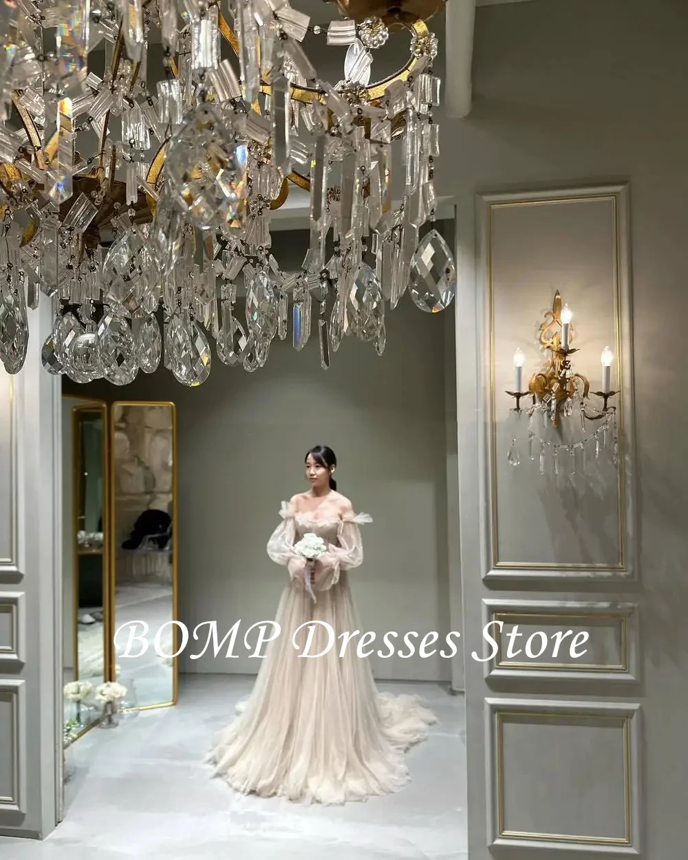 BOMP Elegant Korea Off Shoulder Wedding Dress Photo Shoot Soft Tulle Bridal Gown Floor Length Fairy Bridal Dresses customized