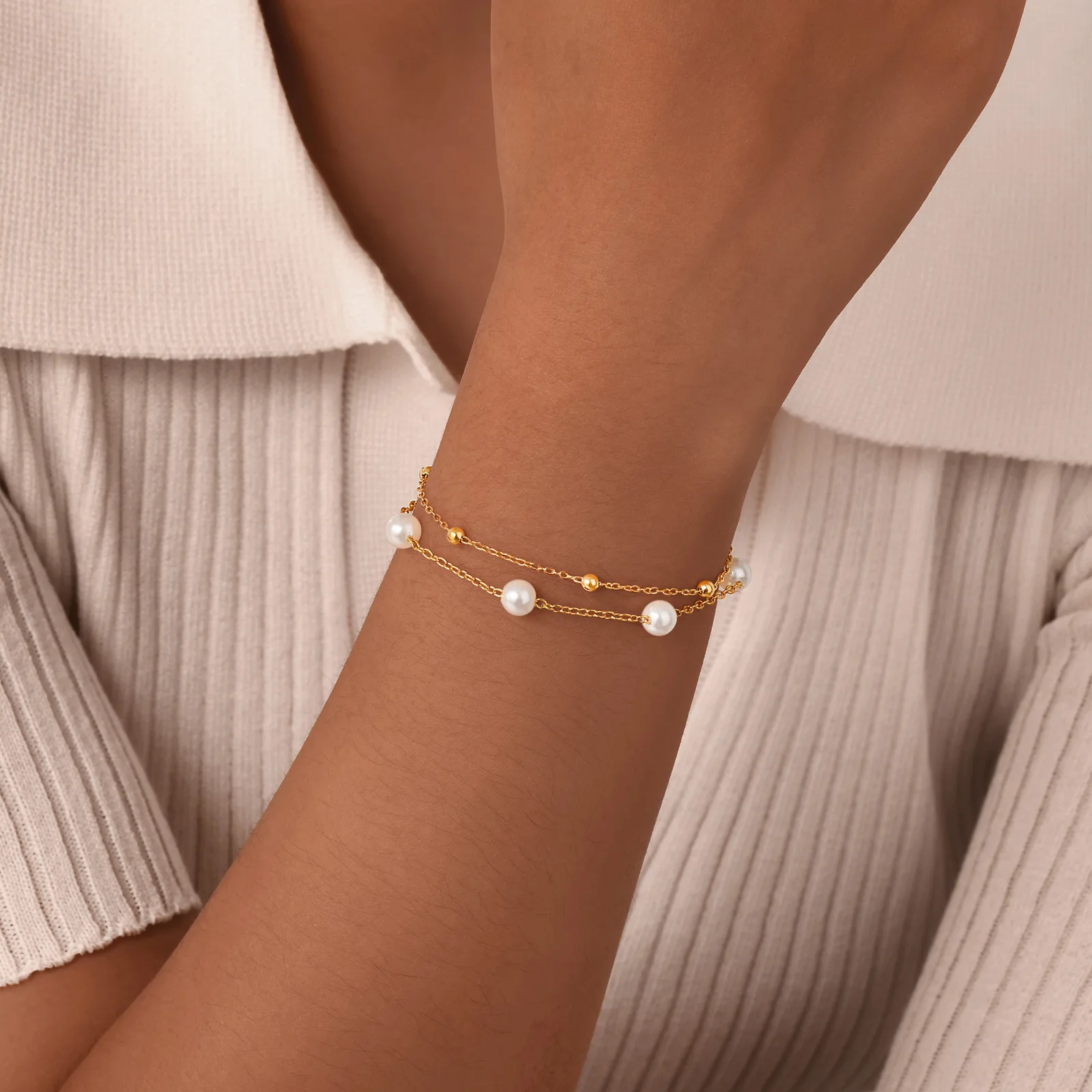 Vnox Immitation Pearl Bracelets for Women Girls,Dainty Layered Gold Plated Satellite Link Bracelets Trendy Jewelry