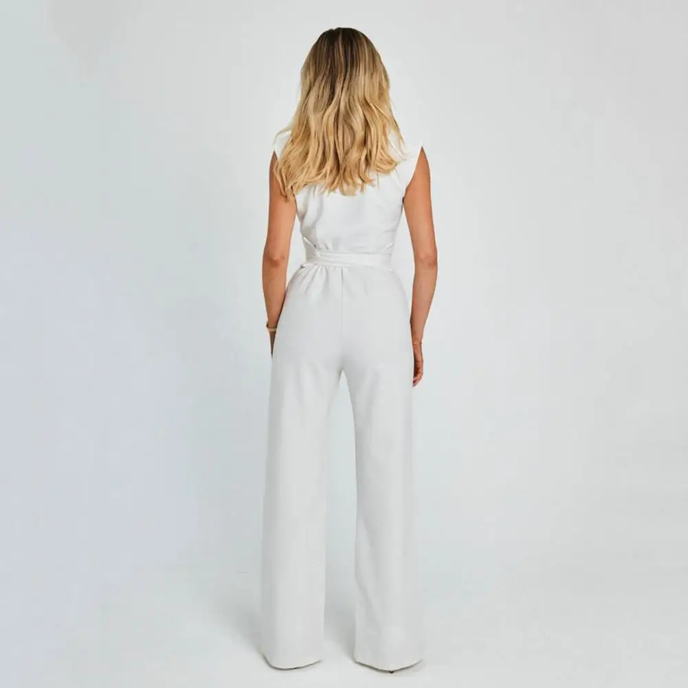 Jumpsuit Women Jumpsuit Stylish Office Lady Romper Elegant V-neck Jumpsuit with High Waist Belt Straight Wide Leg for Summer