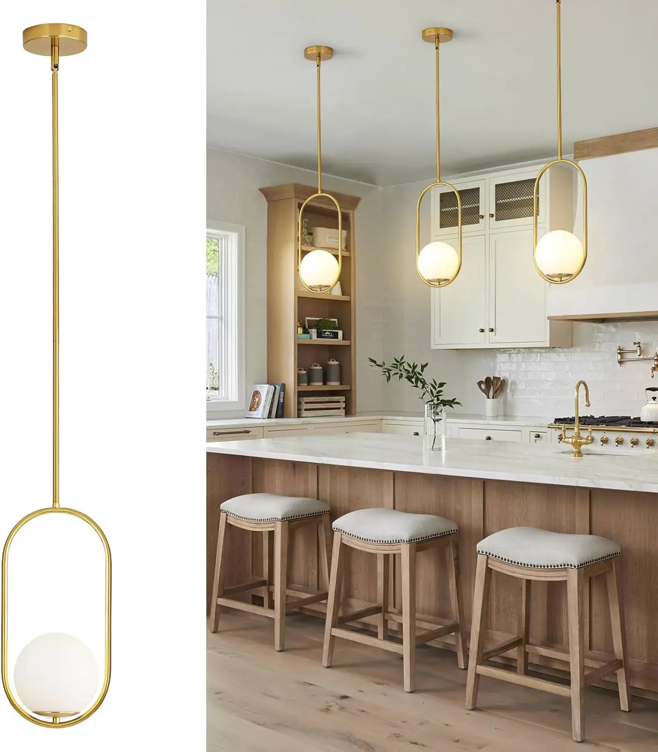 

Modern Gold Globe Glass Pendant Light, Mid Century Chandelier for Kitchen Island, Dining Room, Bedroom, E26 Base