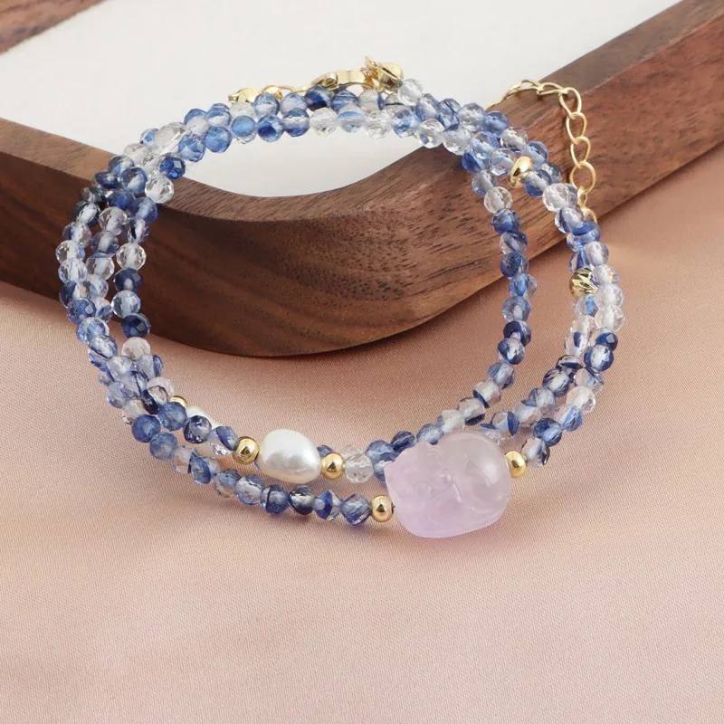 

Minar New Chic Blue Contrasted Crystal Natural Stone Freshwater Pearl Chalcedony PI Xiu Three Layers Strand Bracelets for Women