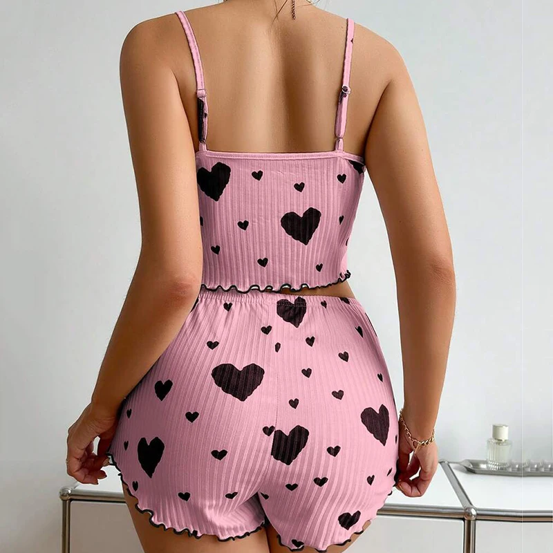 2 Piece Sets Womens Heart Print Contrasting Color Home Suit with Front Slit Suspender Pajama Suit Female Summer 2024