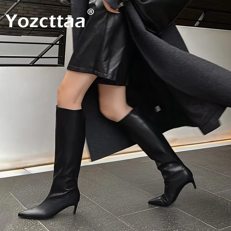 Yozcttaa Size 34-40 Knee High Boots For Women Real Leather Ins Fashion 2025 High Heels Shoes Winter Daily Dress Office Lady