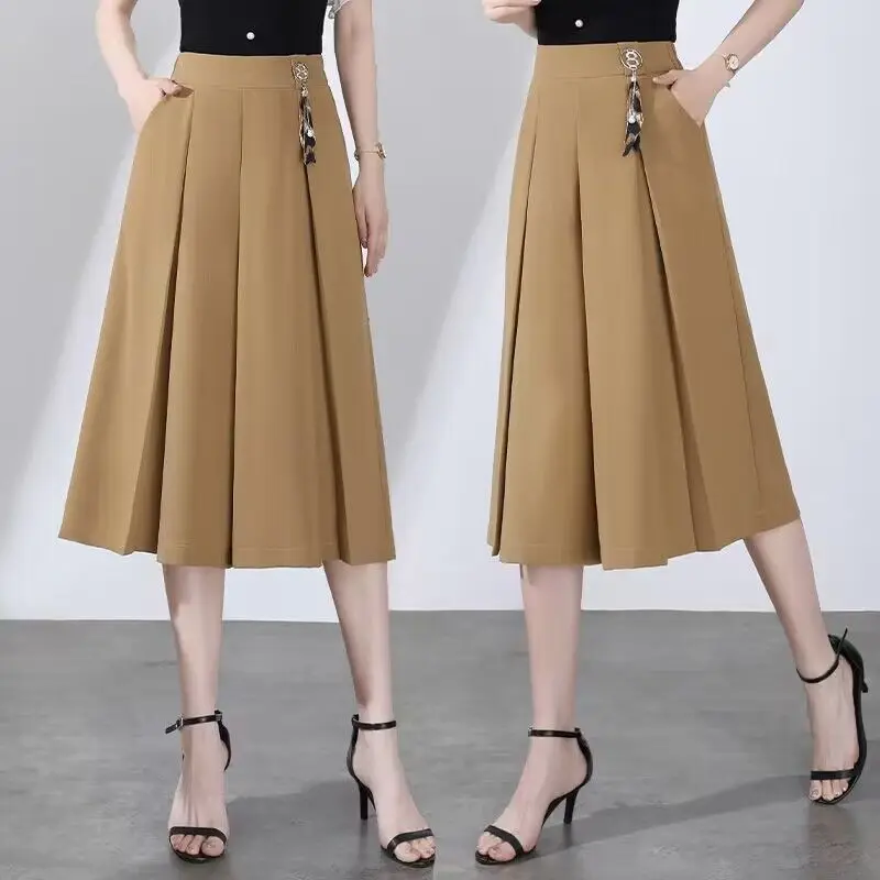 2023 New Summer Fashion Pleated Solid Color Elastic Waist Wide Leg Pants Ladies Simplicity Loose Calf-Length Pants Women Clothes