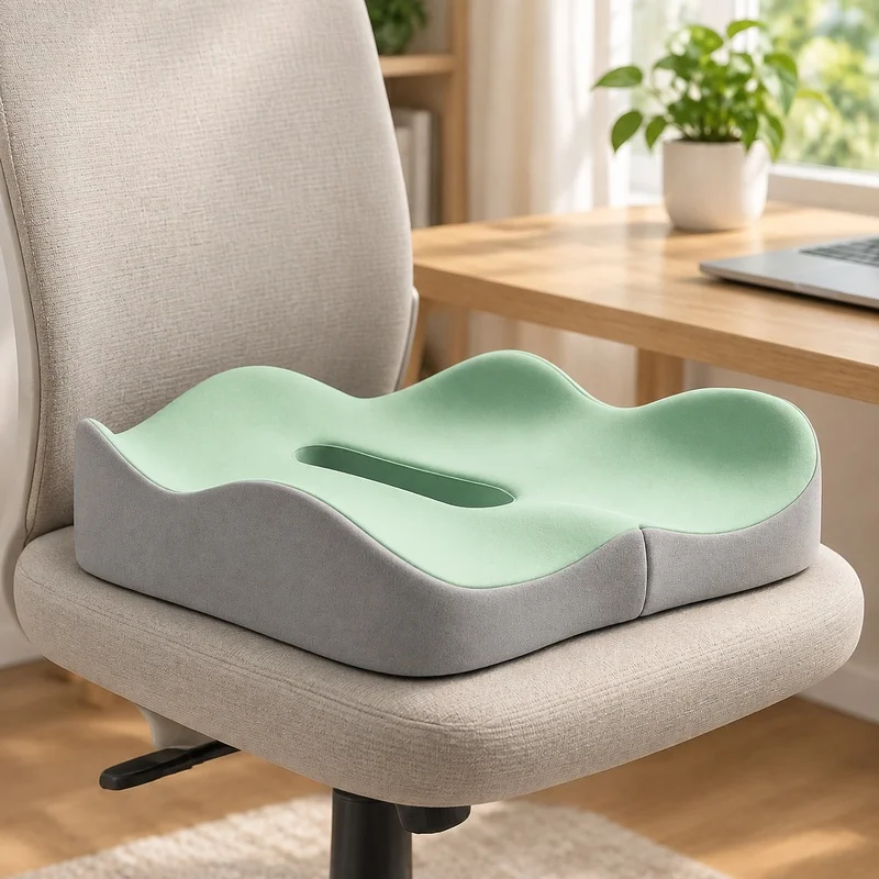 Light Green and Grey 3D Memory Foam Cushion with Washable Polyester Case for Office and Vehicle Seating Comfort
