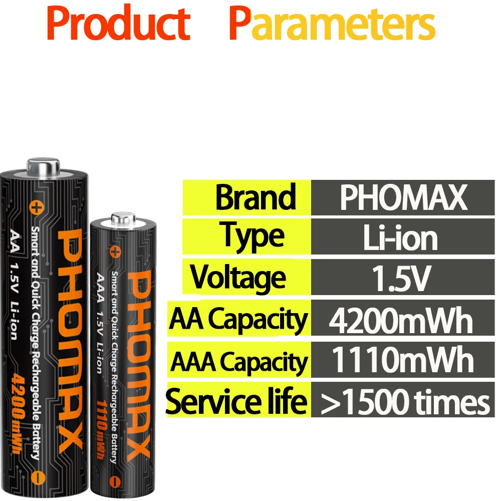 PHOMAX Rechargeable Battery 1.5V Lithium Battery AA/AAA 4200mWh  1110mWh  For Remote Control Mouse Electric Toy Li-ion Batteries