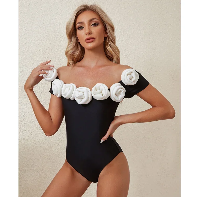 FLAXMAKER Vintage 3D White Flower Off spalla costume intero e gonna costumi da bagno Set donna Beachwear costume da bagno di lusso