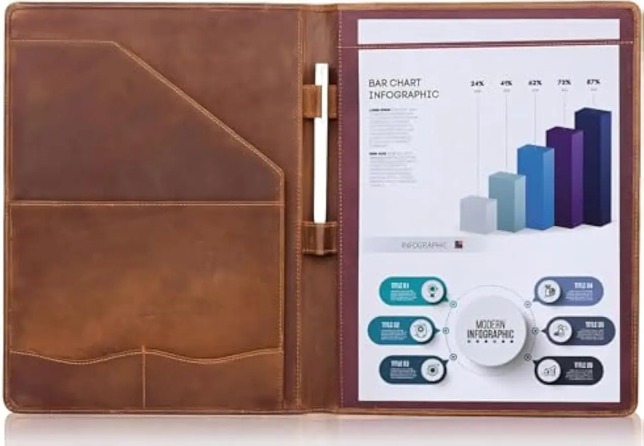 

Genuine Leather Portfolio, A4 Document Folder with Clipboard Sleeve, Professional Organizer for Men and Women