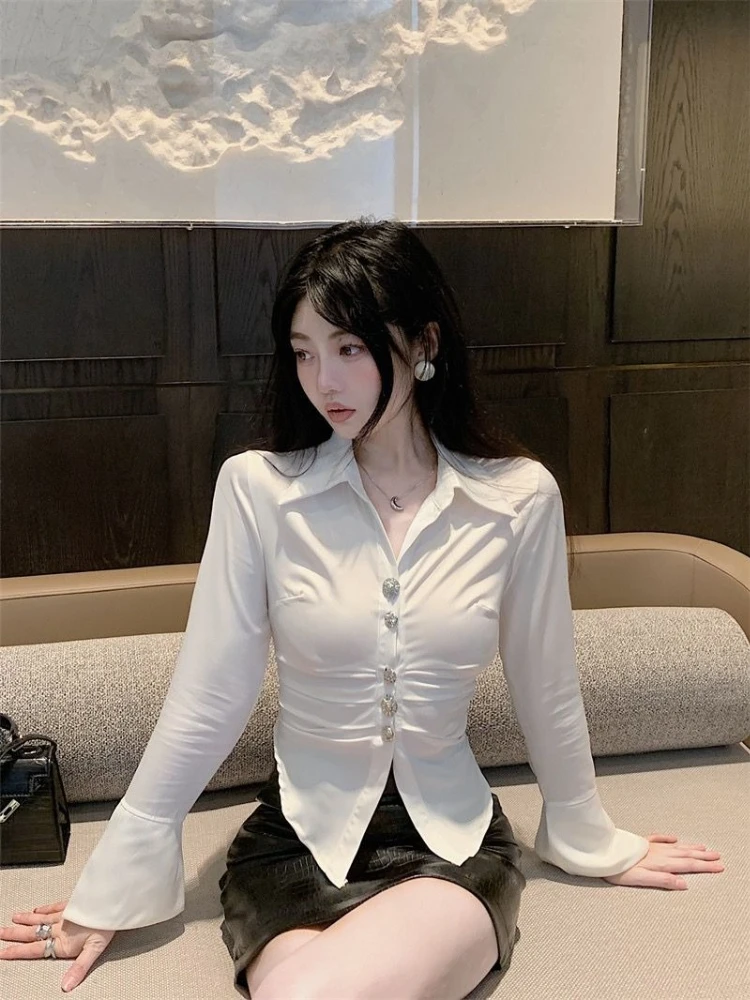 

Stylish Asymmetrical French Shirt Breathable Luminous Waist-Cinched Long Sleeve Blouse White Autumn Versatile Seasonal Top
