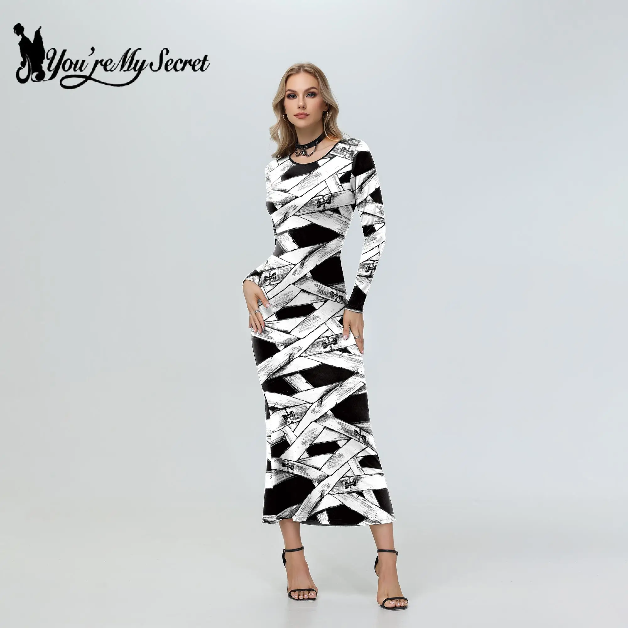 

[You're My Secret] Women Dress Wrapping Tape 3D Print Retro Goth Costume Long Sleeved Dress Girls Adult Halloween Fancy Clothing