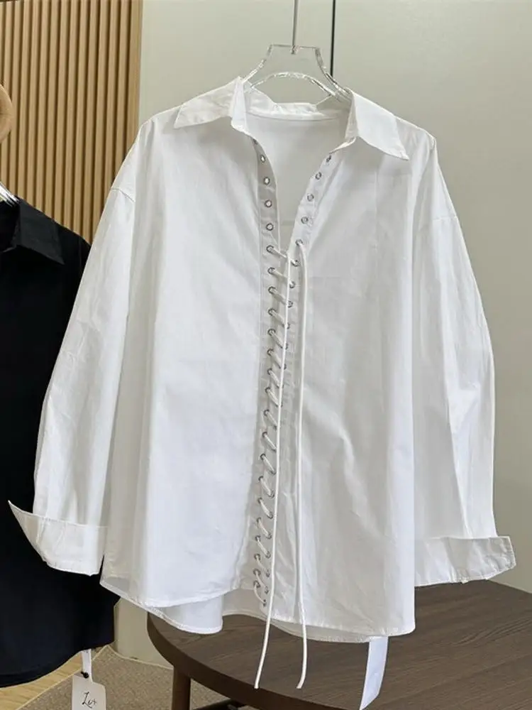 

Casual Loose Women's Cotton Shirt Tie Waist Mid-Length Slimming Fashionable Versatile Long Sleeve Casual Style Pure Color